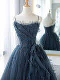 Ball Gown Spaghetti Straps Neckline Gray Tulle Evening Dress Prom Dresses SD2860