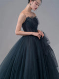Ball Gown Spaghetti Straps Neckline Gray Tulle Evening Dress Prom Dresses SD2860