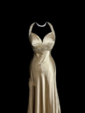 A line Halter Neckline Champagne Satin Prom Dress Ruffle Long Party Dress HZ0628