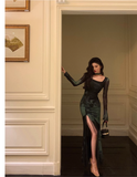 Sheath Square Neckline Long Sleeves Green Long Prom Dresses Birthday Dress SD290