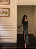 Sheath Square Neckline Long Sleeves Green Long Prom Dresses Birthday Dress SD290