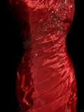 Mermaid Strapless Neckline Red Taffeta Prom Dress Ruffle Long Party Dress SD2917