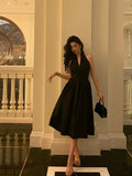 A line V Neckline Sleeveless Black Knee Length Prom Dresses Black Birthday Dress SD293