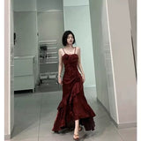 Mermaid Spaghetti Straps Burgundy Long Party Dresses Birthday Outfits SD2947