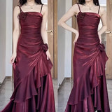 Mermaid Spaghetti Straps Burgundy Long Party Dresses Birthday Outfits SD2947