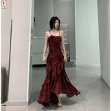 Mermaid Spaghetti Straps Burgundy Long Party Dresses Birthday Outfits SD2947