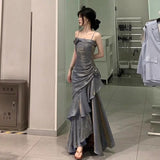 Mermaid Spaghetti Straps Gray Long Party Dresses Birthday Outfits SD2949