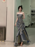 Mermaid Spaghetti Straps Gray Long Party Dresses Birthday Outfits SD2949