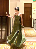 Green Mermaid Straps Long Satin Party Dress, Green Satin Evening Dress Prom Dress SD2952