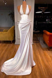 Halter V-Neck Mermaid Prom Dress Ruffle Satin Long Party Dress SD2953