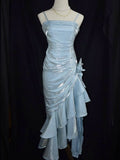 Baby Blue Vintage Floral Dress Asymmetrical Hem Prom Gown SD2954