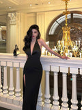 Mermaid V Neckline Backless Black Slit Prom Dresses Birthday Outfits SD295