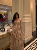 High Low Sweetheart Long Sleeves Floral Ruffles Chiffon Prom Dresses Birthday Outfits SD296