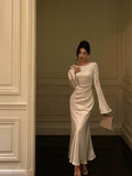 Mermaid Boat Neckline Long Sleeves Silk Satin Prom Dresses Birthday Dress SD300