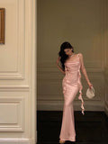 Mermaid Straps Neckline Backless Silk Satin Pink Slit Prom Dresses Birthday Outfits SD301