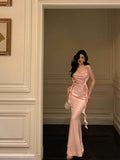 Mermaid Straps Neckline Backless Silk Satin Pink Slit Prom Dresses Birthday Outfits SD301