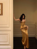 Mermaid Spaghetti Straps Gold Velvet Long Prom Dresses Birthday Outfits SD302