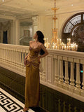 Mermaid Spaghetti Straps Gold Velvet Long Prom Dresses Birthday Outfits SD302