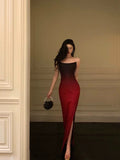 Mermaid Strapless Ombre Burgundy Satin Slit Long Prom Dresses Birthday Outfits SD303