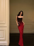 Mermaid Strapless Ombre Burgundy Satin Slit Long Prom Dresses Birthday Outfits SD303