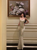 Mermaid Spaghetti Straps White Silk Satin Long Prom Dresses Birthday Outfits SD305