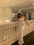 Mermaid Spaghetti Straps White Silk Satin Long Prom Dresses Birthday Outfits SD305