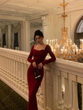 Sheath Straps Burgundy Long Sleeves Prom Dresses Birthday Outfits SD307