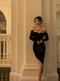 Sheath Off The Shoulder Black Velvet Slit Mid Length Prom Dresses Birthday Outfits SD312