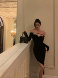 Sheath Off The Shoulder Black Velvet Slit Mid Length Prom Dresses Birthday Outfits SD312