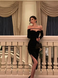 Sheath Off The Shoulder Black Velvet Slit Mid Length Prom Dresses Birthday Outfits SD312