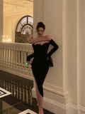 Sheath Off The Shoulder Black Velvet Slit Mid Length Prom Dresses Birthday Outfits SD312