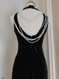 Sheath High Neckline Black Travel Vacation Dresses Velvet Birthday Dress SD326