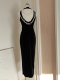 Sheath High Neckline Black Travel Vacation Dresses Velvet Birthday Dress SD326
