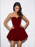 A Line Strapless Burgundy Velvet Ruffles Vacation Dresses Short Birthday Outfits SD336