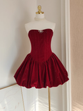 A Line Strapless Burgundy Velvet Ruffles Vacation Dresses Short Birthday Outfits SD336