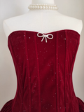 A Line Strapless Burgundy Velvet Ruffles Vacation Dresses Short Birthday Outfits SD336