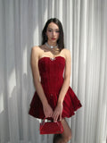 A Line Strapless Burgundy Velvet Ruffles Vacation Dresses Short Birthday Outfits SD336