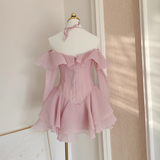 A Line Halter Ruffles Pink Vacation Dresses Short Chiffon Birthday Outfits SD342