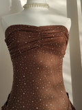 Sheath Strapless Ruffles Tulle Brown Vacation Dresses Short Birthday Outfits SD345