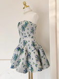 A line Strapless Sleeveless Blue Floral Party Dress Short Birthday Dresses SD353