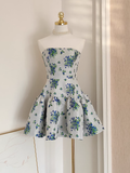 A line Strapless Sleeveless Blue Floral Party Dress Short Birthday Dresses SD353