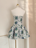 A line Strapless Sleeveless Blue Floral Party Dress Short Birthday Dresses SD353