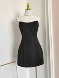 A line Strapless Sleeveless Black Satin Party Dress Short Birthday Dresses With Cape SD355