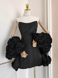 A line Strapless Sleeveless Black Satin Party Dress Short Birthday Dresses With Cape SD355