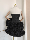 A line Strapless Sleeveless Black Satin Party Dress Short Birthday Dresses With Cape SD355