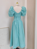 A Line V Neckline Blue Satin Homecoming Dresses Birthday Outfits With Ruffles SD373