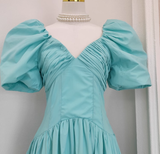 A Line V Neckline Blue Satin Homecoming Dresses Birthday Outfits With Ruffles SD373