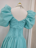A Line V Neckline Blue Satin Homecoming Dresses Birthday Outfits With Ruffles SD373