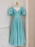 A Line V Neckline Blue Satin Homecoming Dresses Birthday Outfits With Ruffles SD373