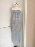 Sheath One Shoulder Light Sky Blue Tulle Lace Dinner Party Dresses Birthday Outfits SD386